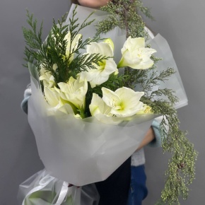 Букет "Путеводная звезда" из белых амариллисов и нобилиса в Апрелевке