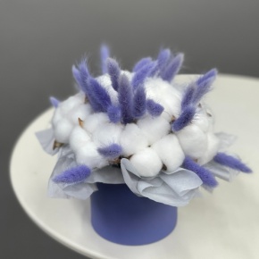 Композиция в шляпной коробке мини из хлопка и лагуруса в Апрелевке